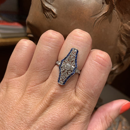 Antique Art Deco Platinum Diamond and Sapphire Navette Cluster Engagement Ring