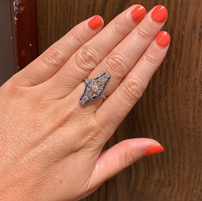 Antique Art Deco Platinum Diamond and Sapphire Navette Cluster Engagement Ring
