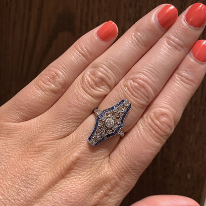 Antique Art Deco Platinum Diamond and Sapphire Engagement Ring