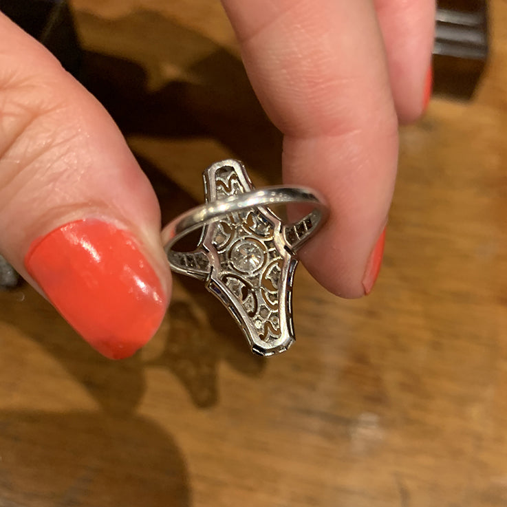 Antique Art Deco Platinum Diamond and Sapphire Navette Cluster Engagement Ring