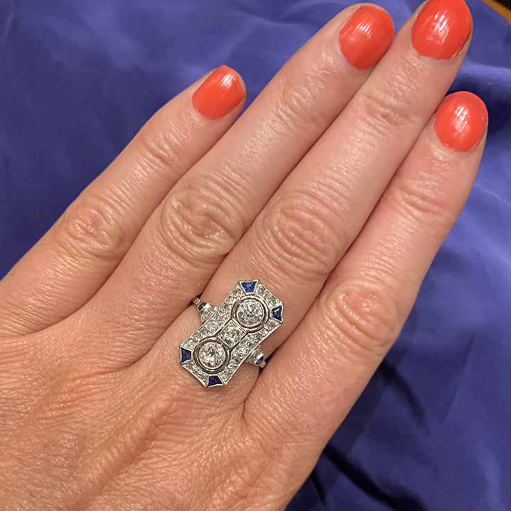 Art Deco Diamond Two Stone Plaque Ring with Sapphire