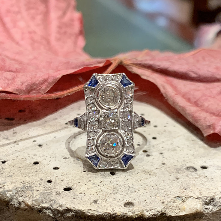 Art Deco Diamond Two Stone Cluster Plaque Ring with Sapphire