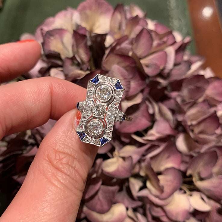 Art Deco Diamond Two Stone Plaque Ring with Sapphire