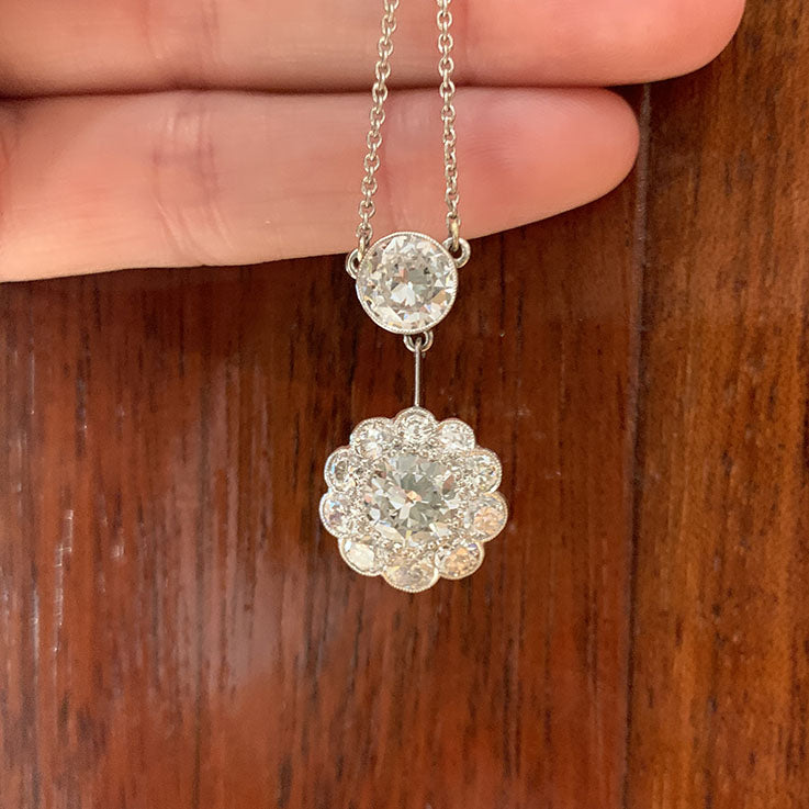 Vintage 4.29ct Diamond Cluster Drop Pendant Necklace
