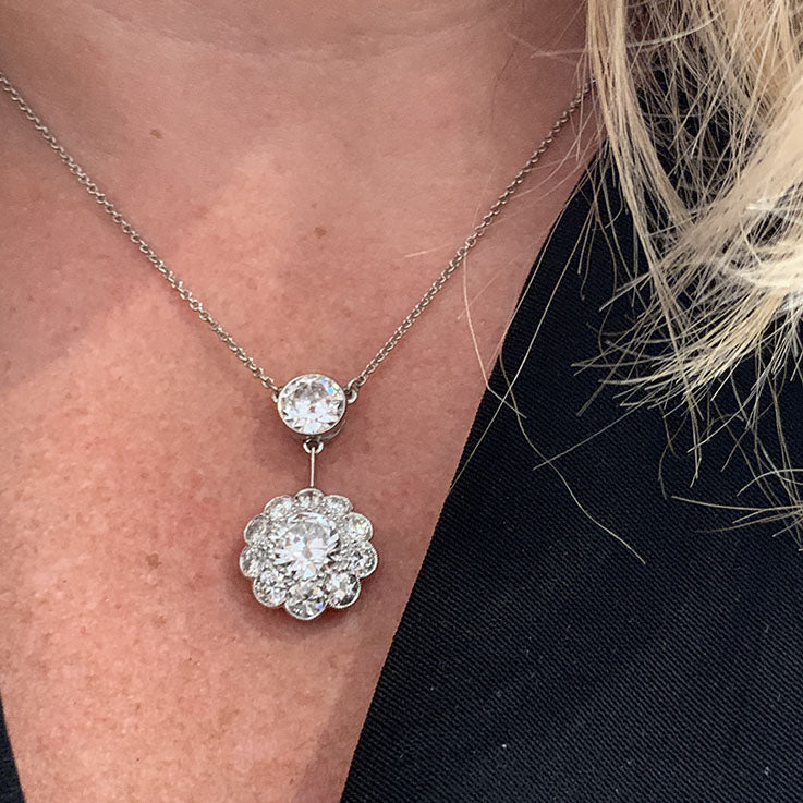 Vintage 4.29ct Diamond Cluster Drop Pendant Necklace