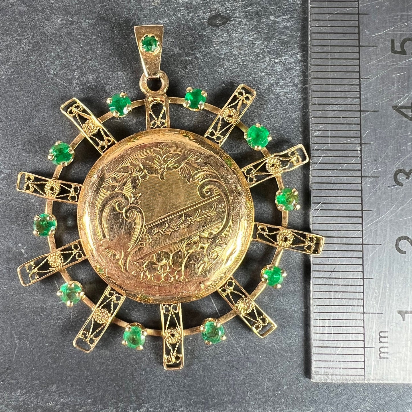 Antique French Sunburst Love Floral 18 Karat Yellow Gold Emerald Locket Pendant