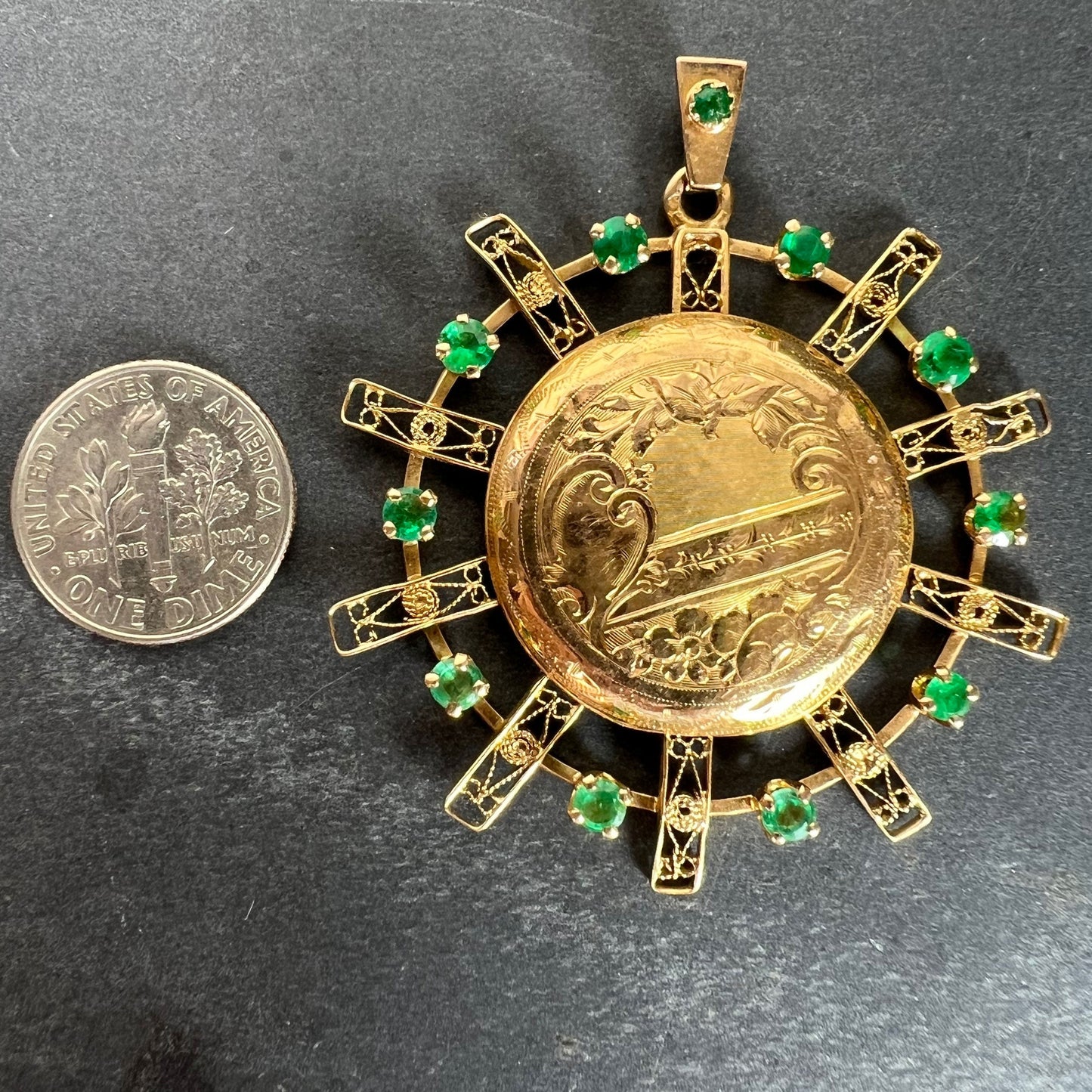 Antique French Sunburst Love Floral 18 Karat Yellow Gold Emerald Locket Pendant