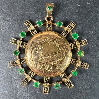 Antique French Sunburst Love Floral 18 Karat Yellow Gold Emerald Locket Pendant