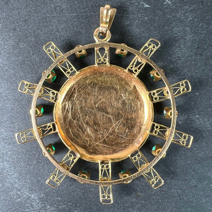 Antique French Sunburst Love Floral 18 Karat Yellow Gold Emerald Locket Pendant