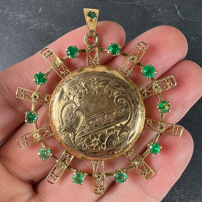 Antique French Sunburst Love Floral 18 Karat Yellow Gold Emerald Locket Pendant