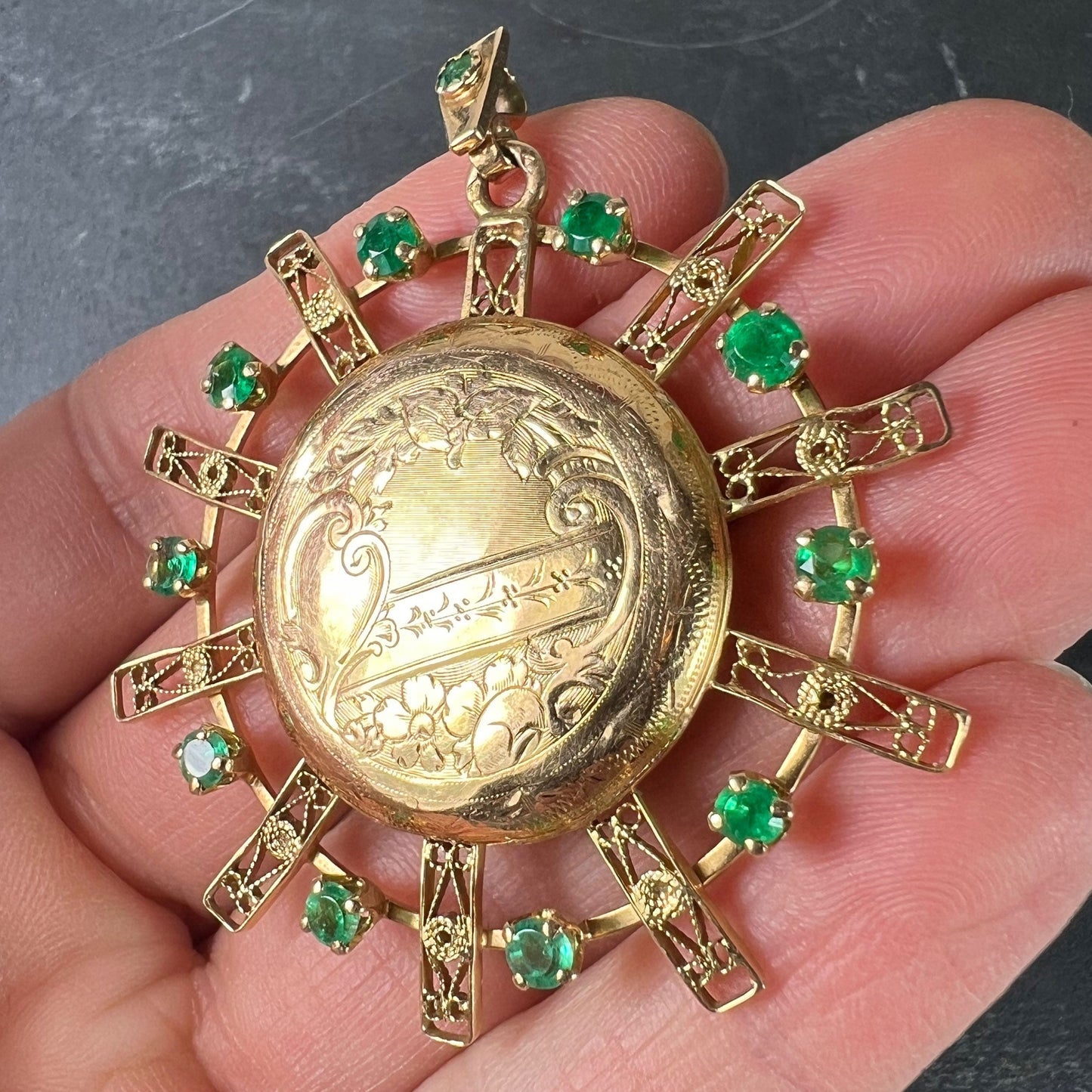 Antique French Sunburst Love Floral 18 Karat Yellow Gold Emerald Locket Pendant