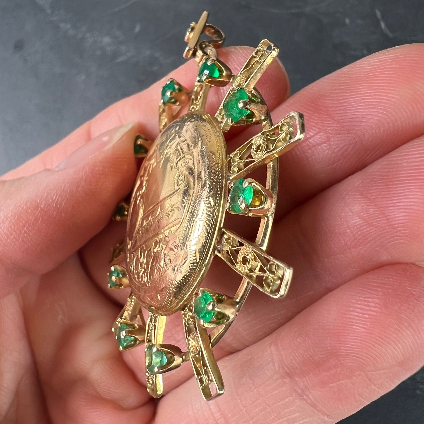 Antique French Sunburst Love Floral 18 Karat Yellow Gold Emerald Locket Pendant