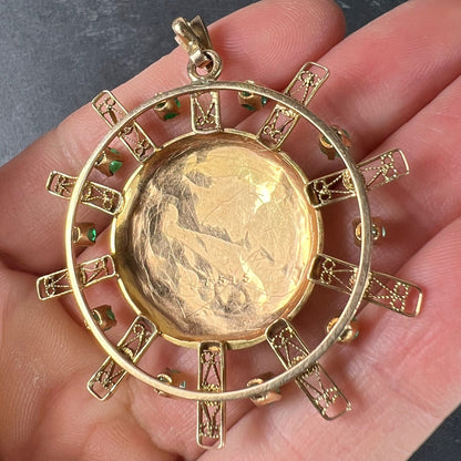 Antique French Sunburst Love Floral 18 Karat Yellow Gold Emerald Locket Pendant