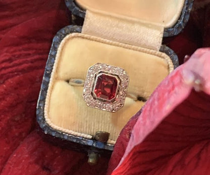 Antique Art Deco Red Spinel and Diamond Cluster Ring