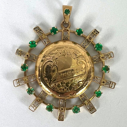 Antique French Sunburst Love Floral 18 Karat Yellow Gold Emerald Locket Pendant