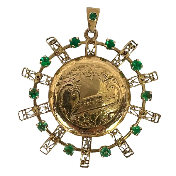 Antique French Sunburst Love Floral 18 Karat Yellow Gold Emerald Locket Pendant
