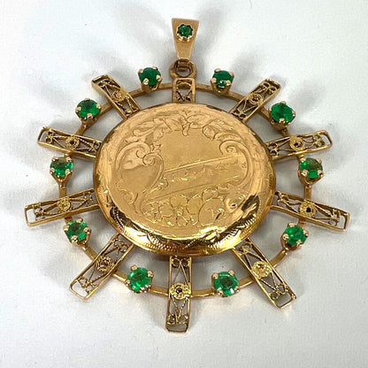 Antique French Sunburst Love Floral 18 Karat Yellow Gold Emerald Locket Pendant