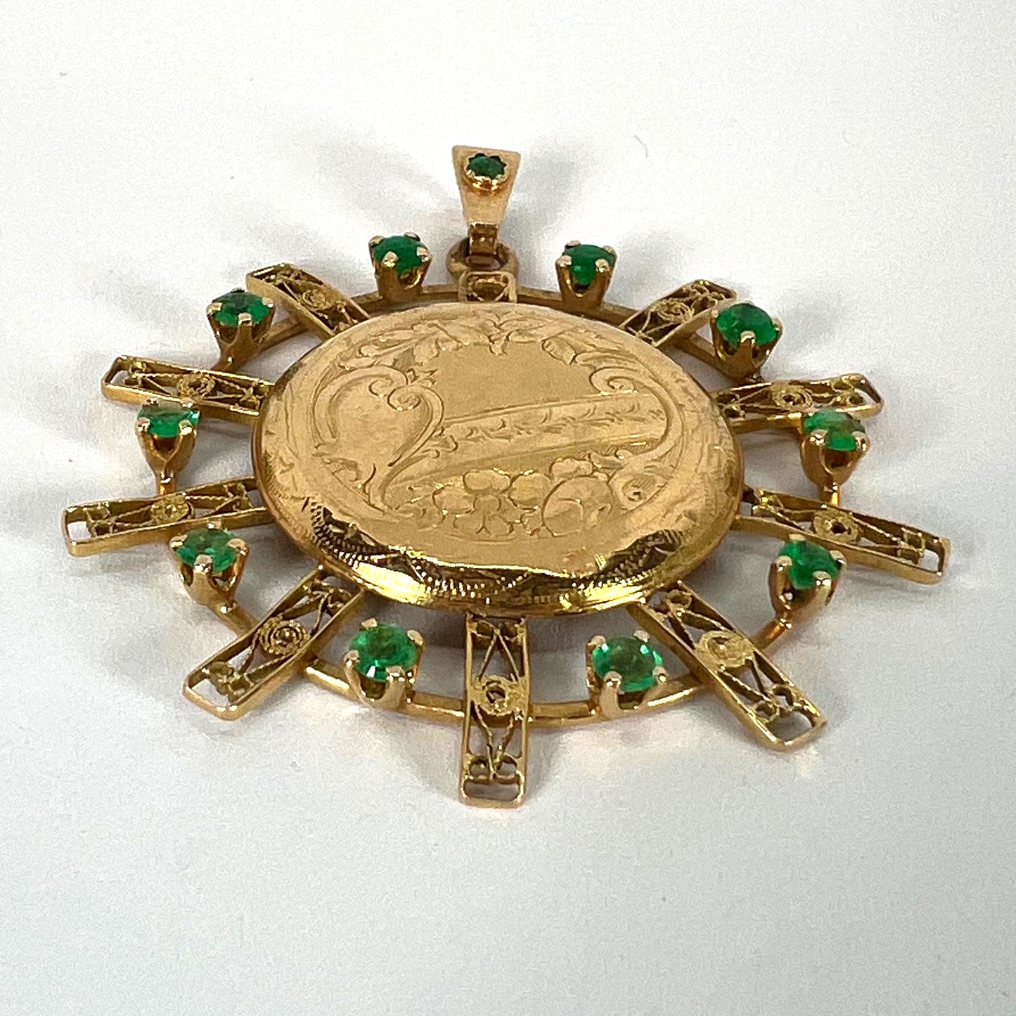 Antique French Sunburst Love Floral 18 Karat Yellow Gold Emerald Locket Pendant