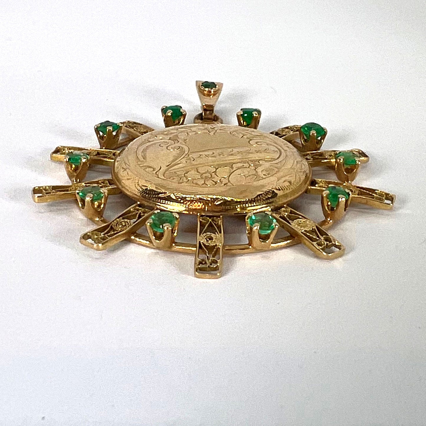 Antique French Sunburst Love Floral 18 Karat Yellow Gold Emerald Locket Pendant