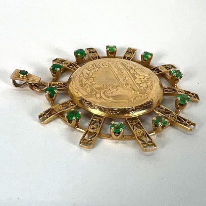 Antique French Sunburst Love Floral 18 Karat Yellow Gold Emerald Locket Pendant