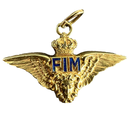 A yellow gold Royal Air Force wings pendant with the initials FIM in blue enamel, on a white background