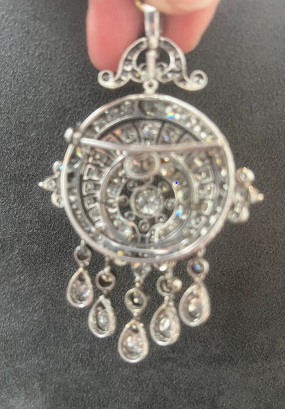 Early Victorian Antique 16cts Old Mine Cut Diamond Tassel Fringe Pendant come Brooch, Mid 19th Century, Circa 1850