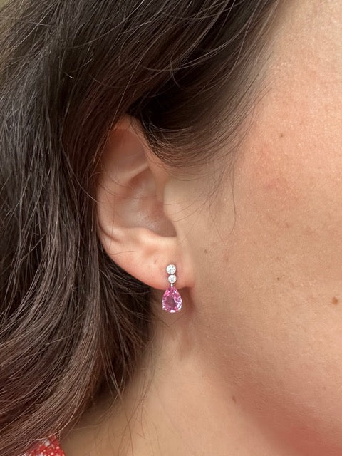 Pear Shaped Pink Sapphire and Diamond Drop Earrings