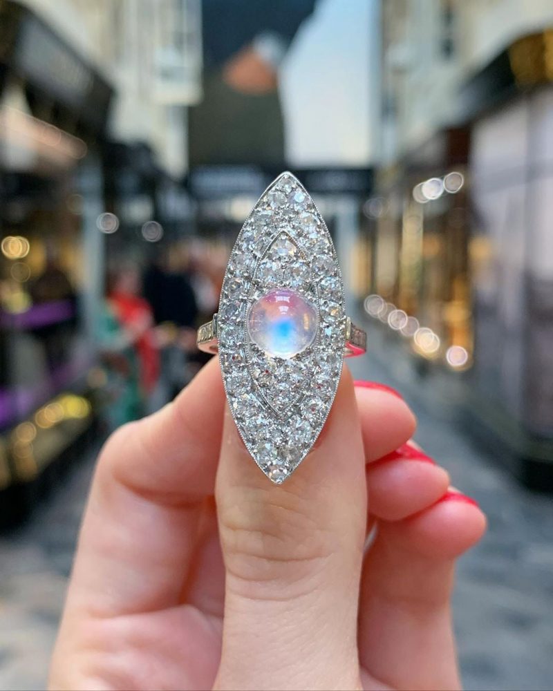 Antique Art Deco Marquise Shaped Diamond and Moonstone Cocktail Dress Ring in Platinum