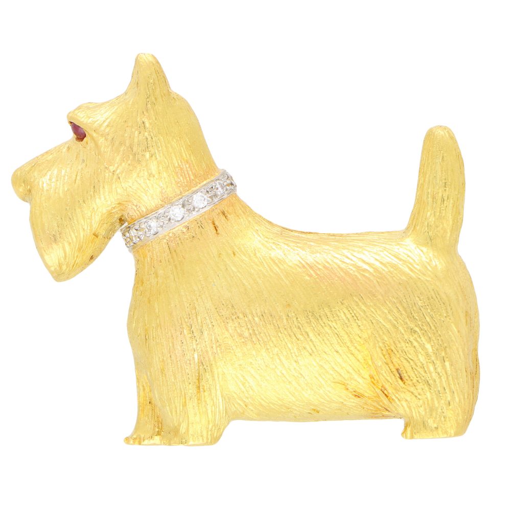 Gold Scottish Terrier Dog Pin Brooch with Diamonds and Rubies; handmade 18ct yellow gold Scottish terrier dog pin brooch with a pavé round brilliant cut diamond collar and ruby eyes