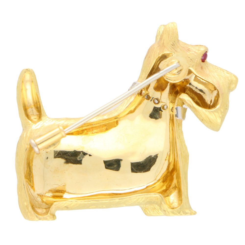 18ct Yellow Gold Scottish Terrier Dog Pin Brooch with Diamonds and Rubies