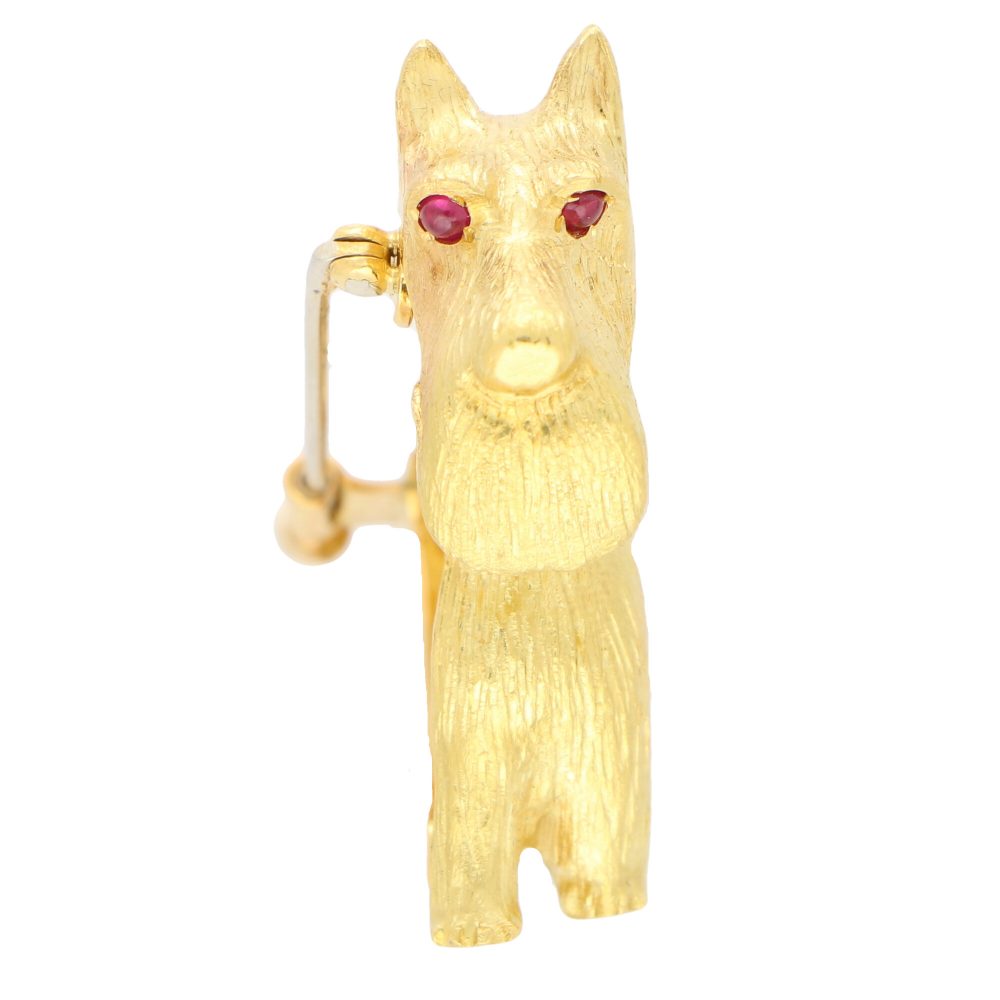 18ct Yellow Gold Scottish Terrier Dog Pin Brooch with Diamonds and Rubies