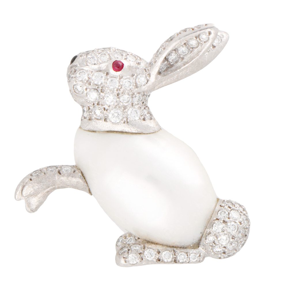 Baroque Freshwater Pearl and Diamond 18ct White Gold Rabbit Pin Brooch