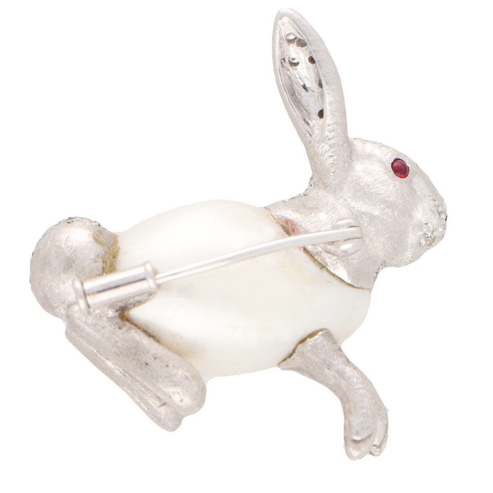 Baroque Freshwater Pearl and Diamond 18ct White Gold Rabbit Pin Brooch