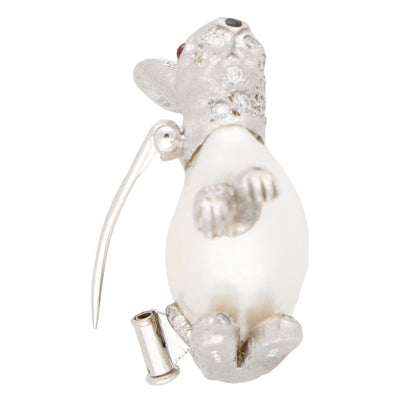 Baroque Freshwater Pearl and Diamond 18ct White Gold Rabbit Pin Brooch