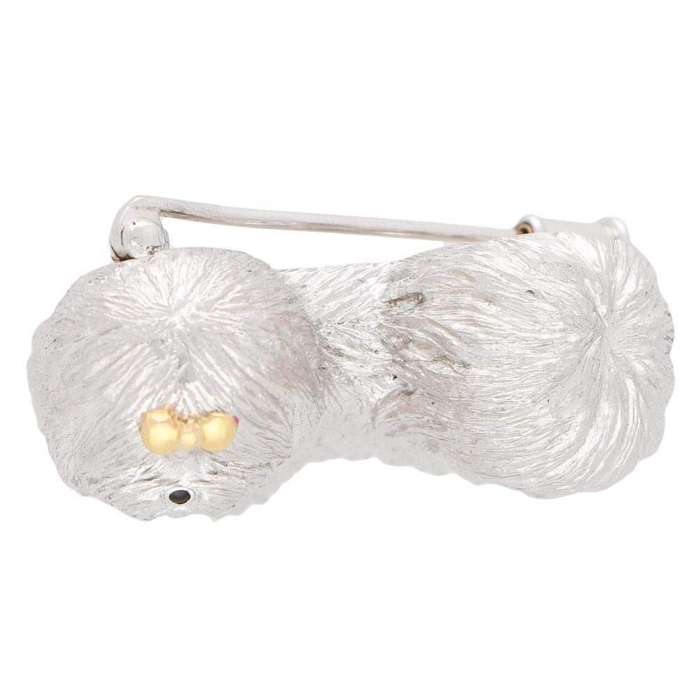 Gold Shih Tzu Dog Brooch with Sapphire Eyes and Enamel Nose