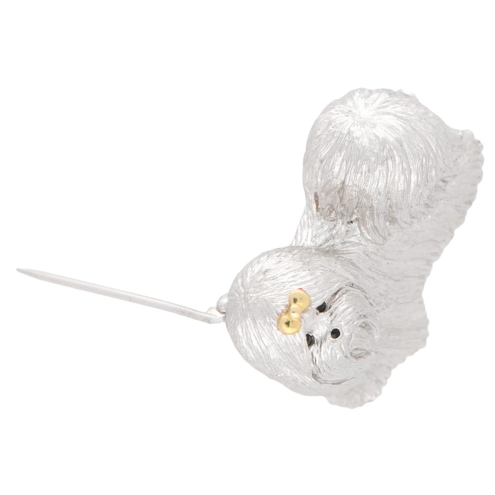 Gold Shih Tzu Dog Brooch with Sapphire Eyes and Enamel Nose