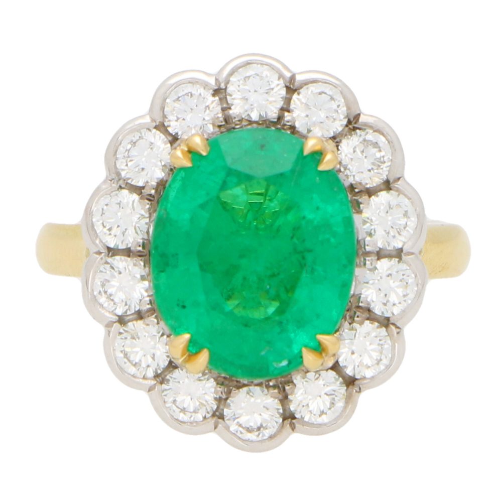 3.96ct Oval Cut Emerald and Diamond Cluster Ring