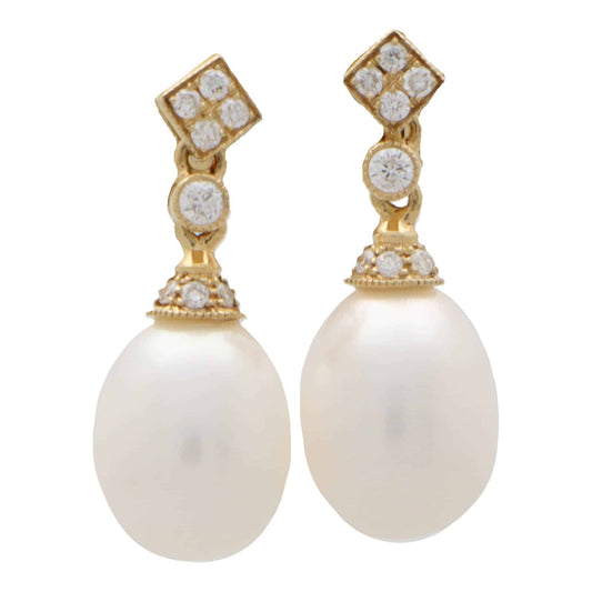 Pearl and Diamond Drop Earrings in 18ct Gold