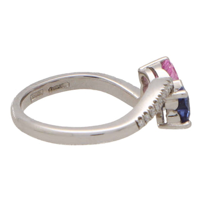 Contemporary Blue and Pink Sapphire Toi-Et-Moi Crossover Ring