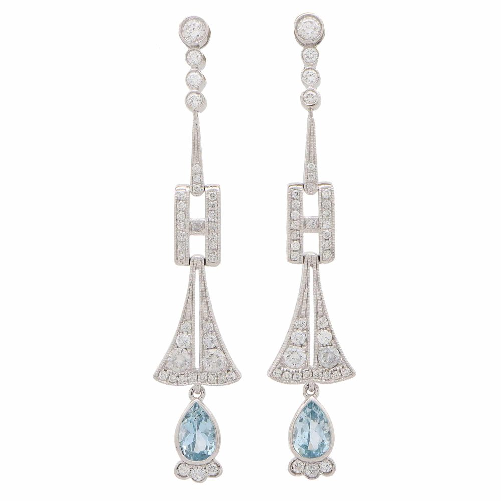 Art Deco Inspired Aquamarine and Diamond Drop Earrings