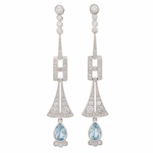 Art Deco Inspired Aquamarine and Diamond Drop Earrings