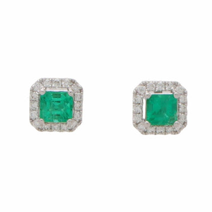 0.43ct Square Cut Emerald and Diamond Cluster Stud Earrings in 18ct White Gold