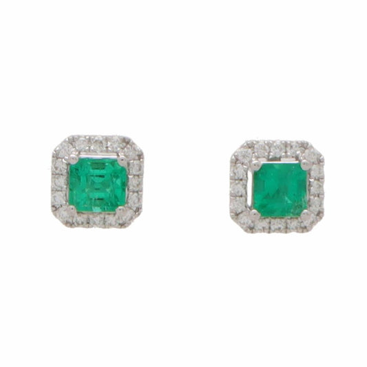 0.43ct Square Cut Emerald and Diamond Cluster Stud Earrings in 18ct White Gold