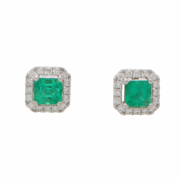 0.43ct Square Cut Emerald and Diamond Cluster Stud Earrings in 18ct White Gold