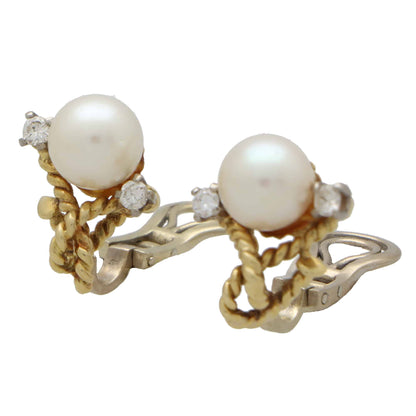 Pearl and diamond twisted rope earrings in gold.