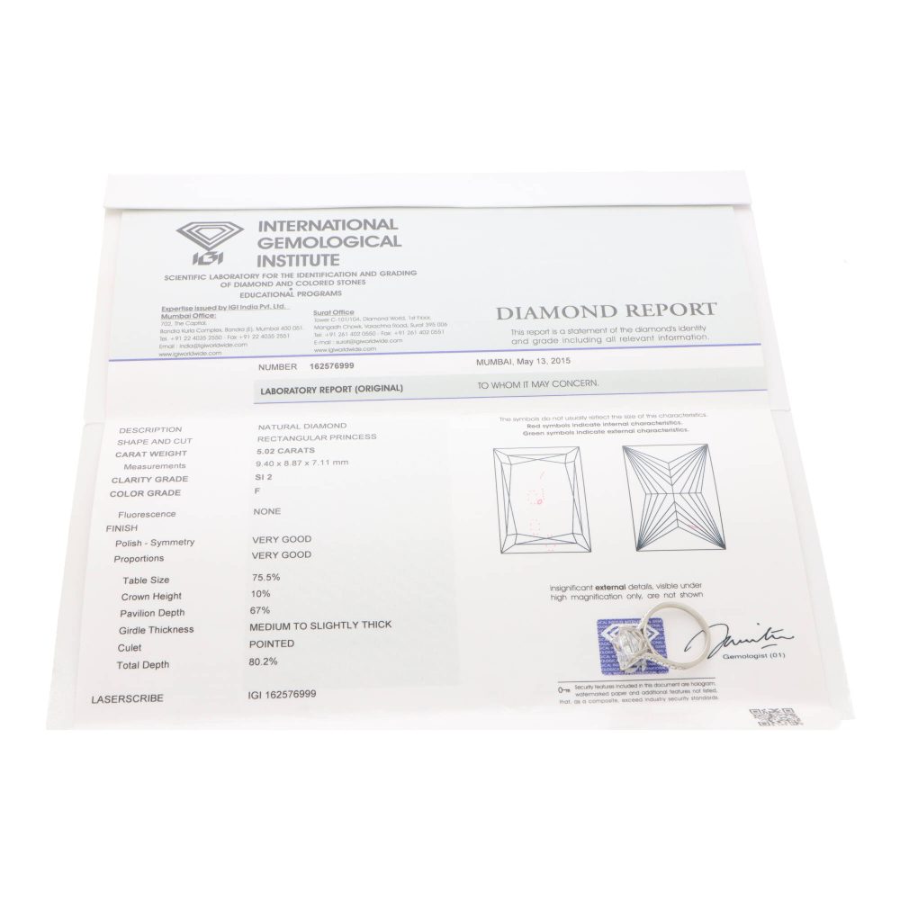 5.02ct Princess Cut Diamond and Platinum Ring with Certificate
