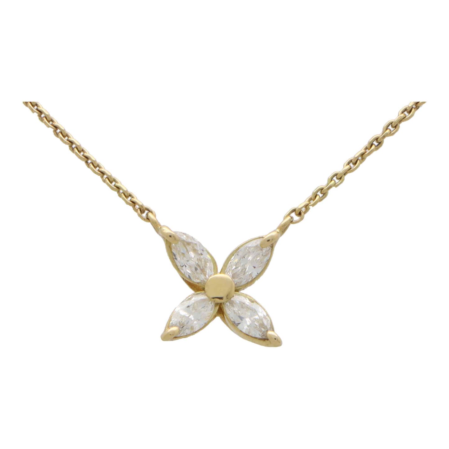 A yellow gold marquise cut diamond pendant necklace, on a white background