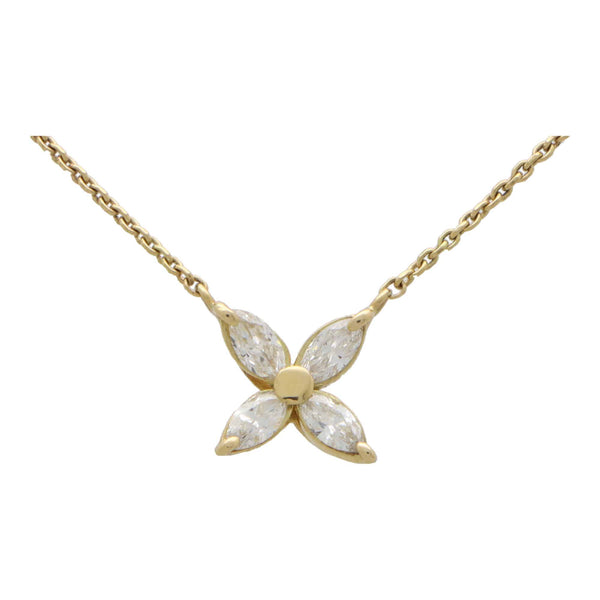 A yellow gold marquise cut diamond pendant necklace, on a white background