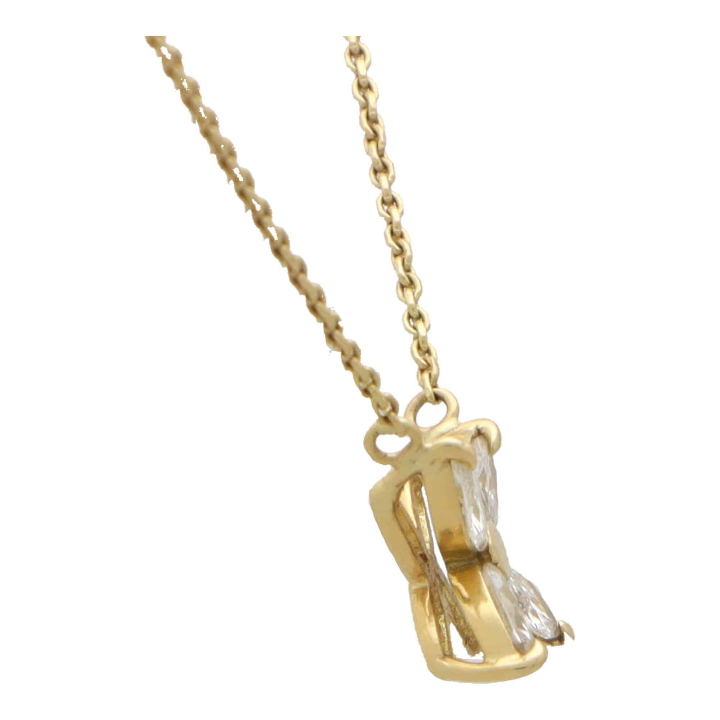 A yellow gold marquise cut diamond pendant necklace, on a white background
