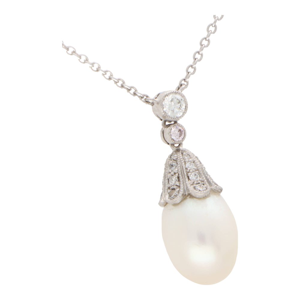 Contemporary Pearl and Diamond Pendant Necklace in White Gold